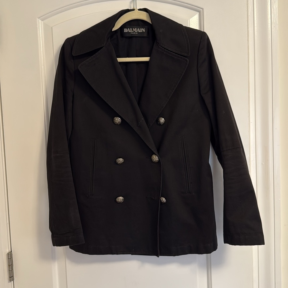 Balmain Black Pea Coat with Double-Breasted Design and Notched Lapels